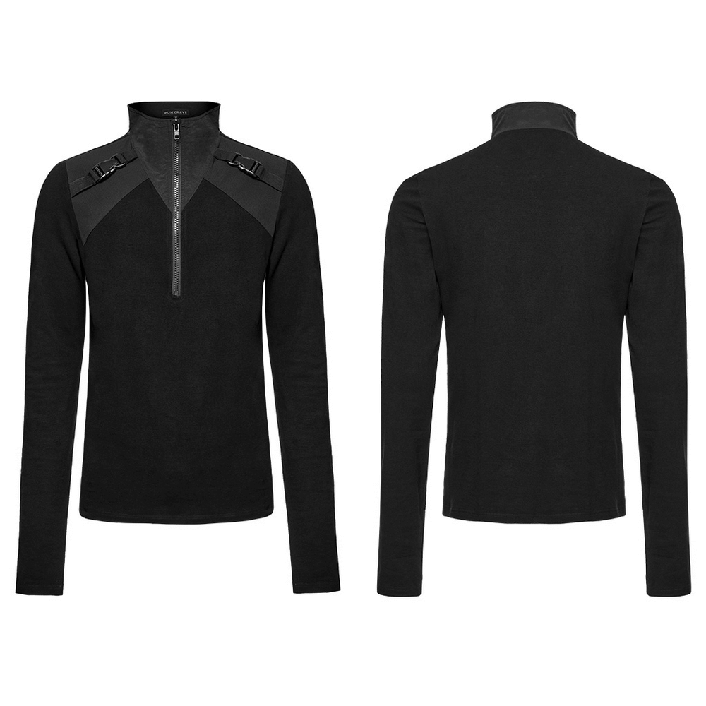 Black techwear zippered sweatshirt featuring shoulder buckles and a stand collar for a bold, layered look.