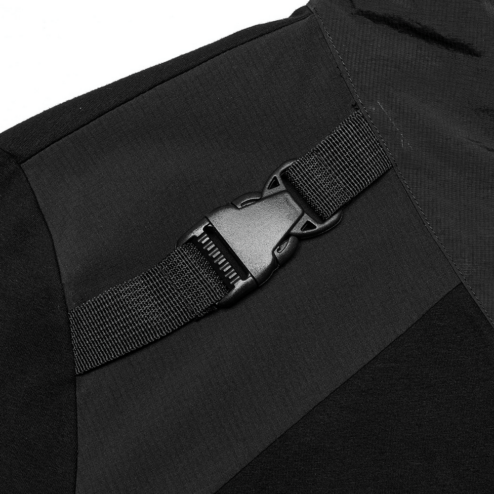 Close-up of the shoulder buckle detail on the Black Techwear Zippered Sweatshirt, highlighting its stylish design.