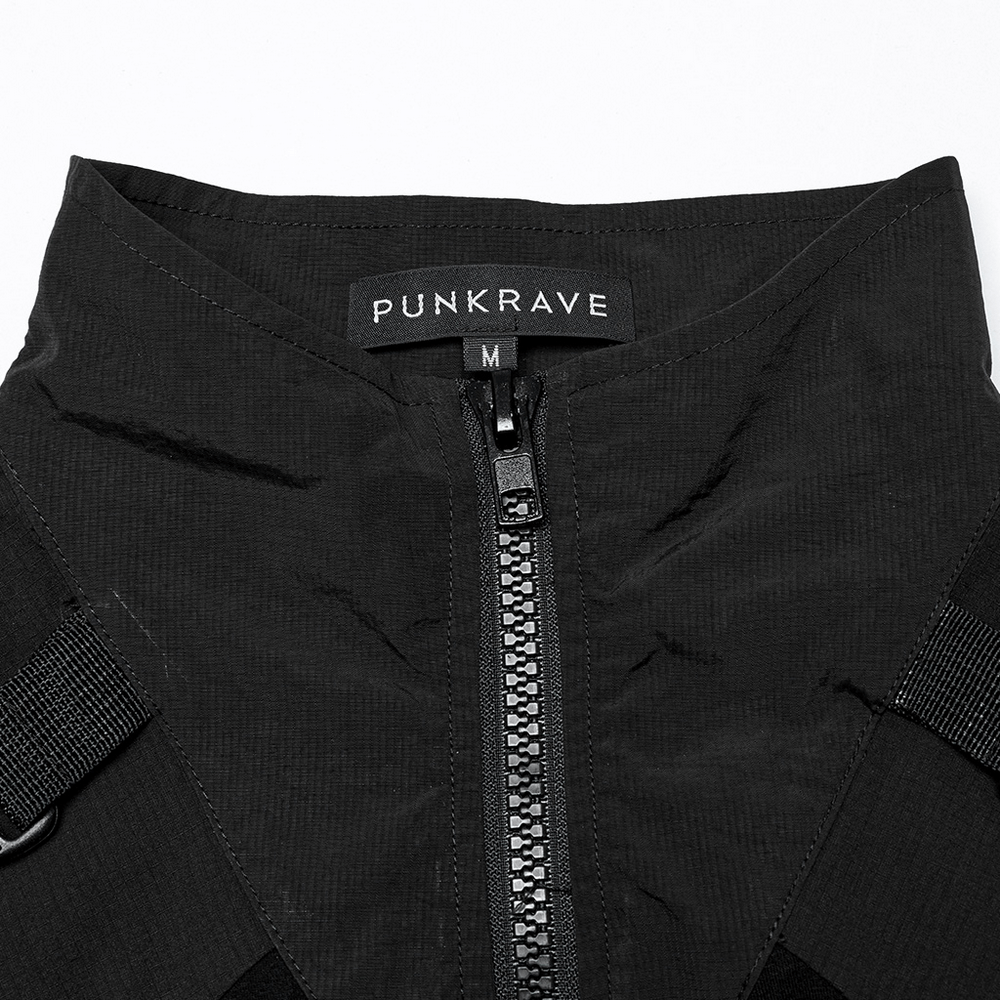 Black techwear sweatshirt collar and zipper details, highlighting Punkrave brand design and unique style.