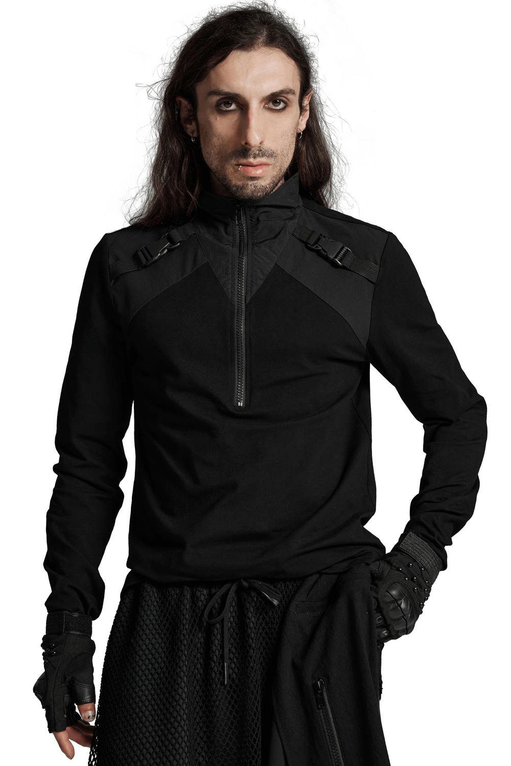 Black techwear zippered sweatshirt with shoulder buckles, perfect for a bold cyberpunk look.