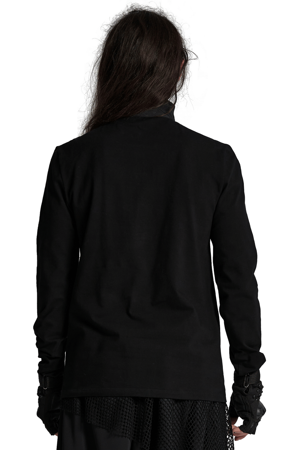 Stylish black techwear sweatshirt viewed from the back, showcasing its fitted design and modern aesthetic.