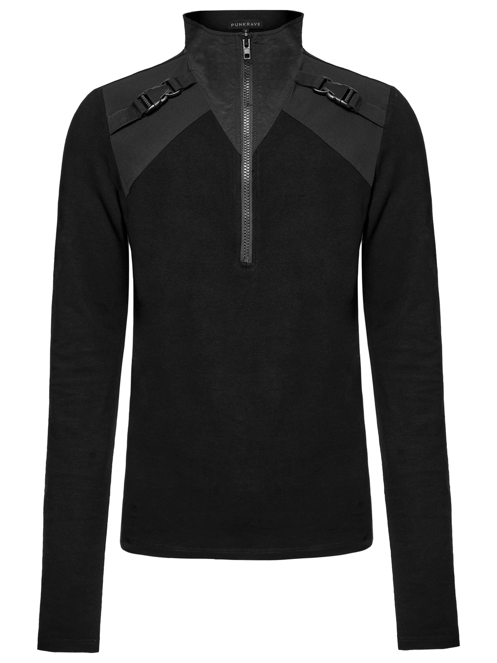 Black techwear zippered sweatshirt featuring shoulder buckles and a stand collar for a modern, edgy look.