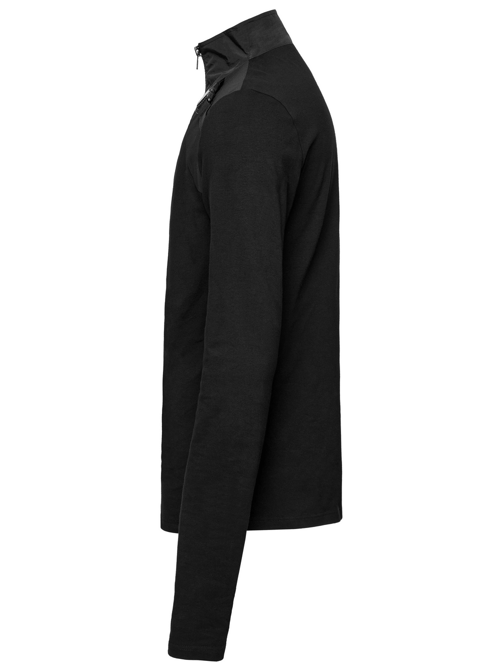 Side view of a black techwear zippered sweatshirt with shoulder buckles and stand collar, ideal for a bold look.