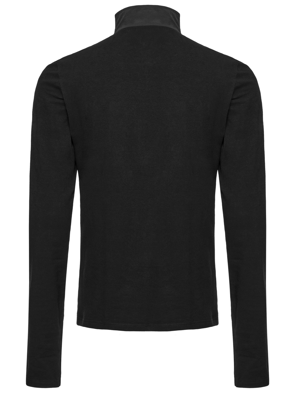 Back view of a Black Techwear zippered sweatshirt featuring a stand collar and long sleeves, designed for a sleek look.