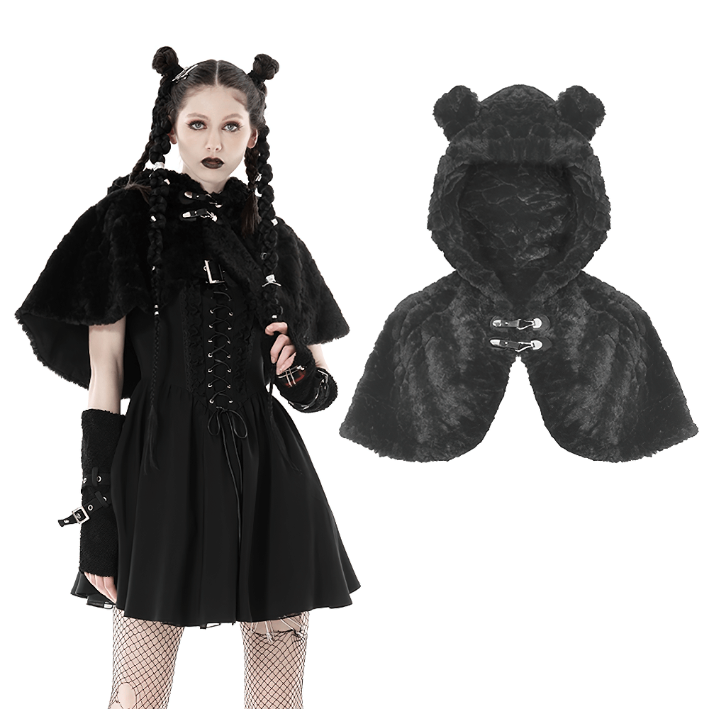 Black Teddy Bear Hooded Cape - Warm and Stylish