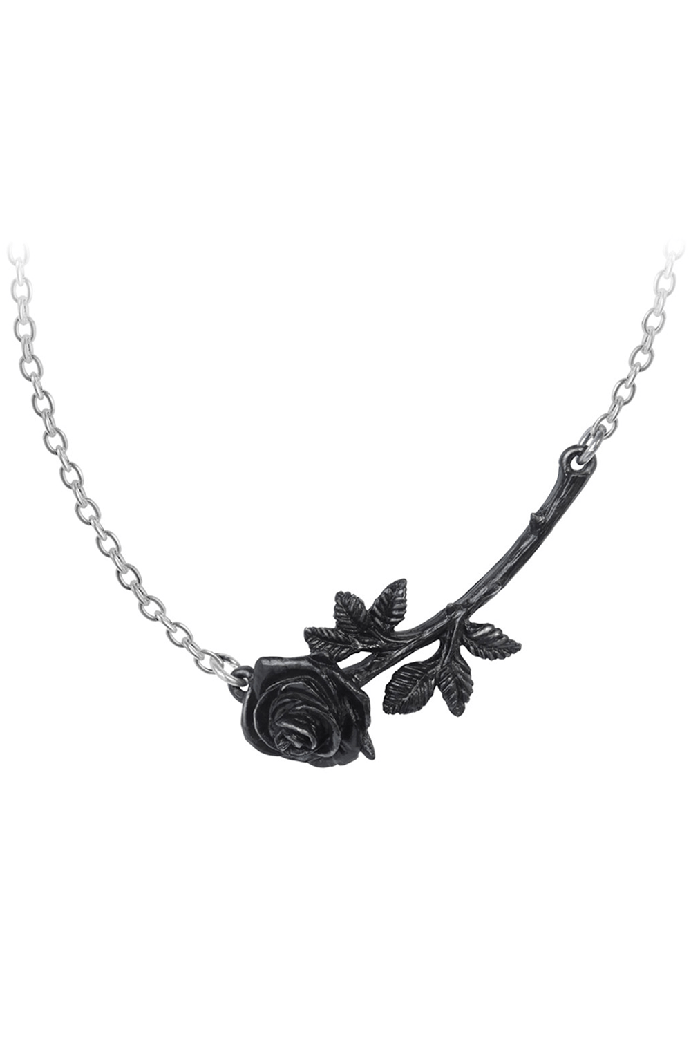 Black Thorn Rose Necklace with Swarovski crystals, featuring a dark rose and thorn design on a silver chain.