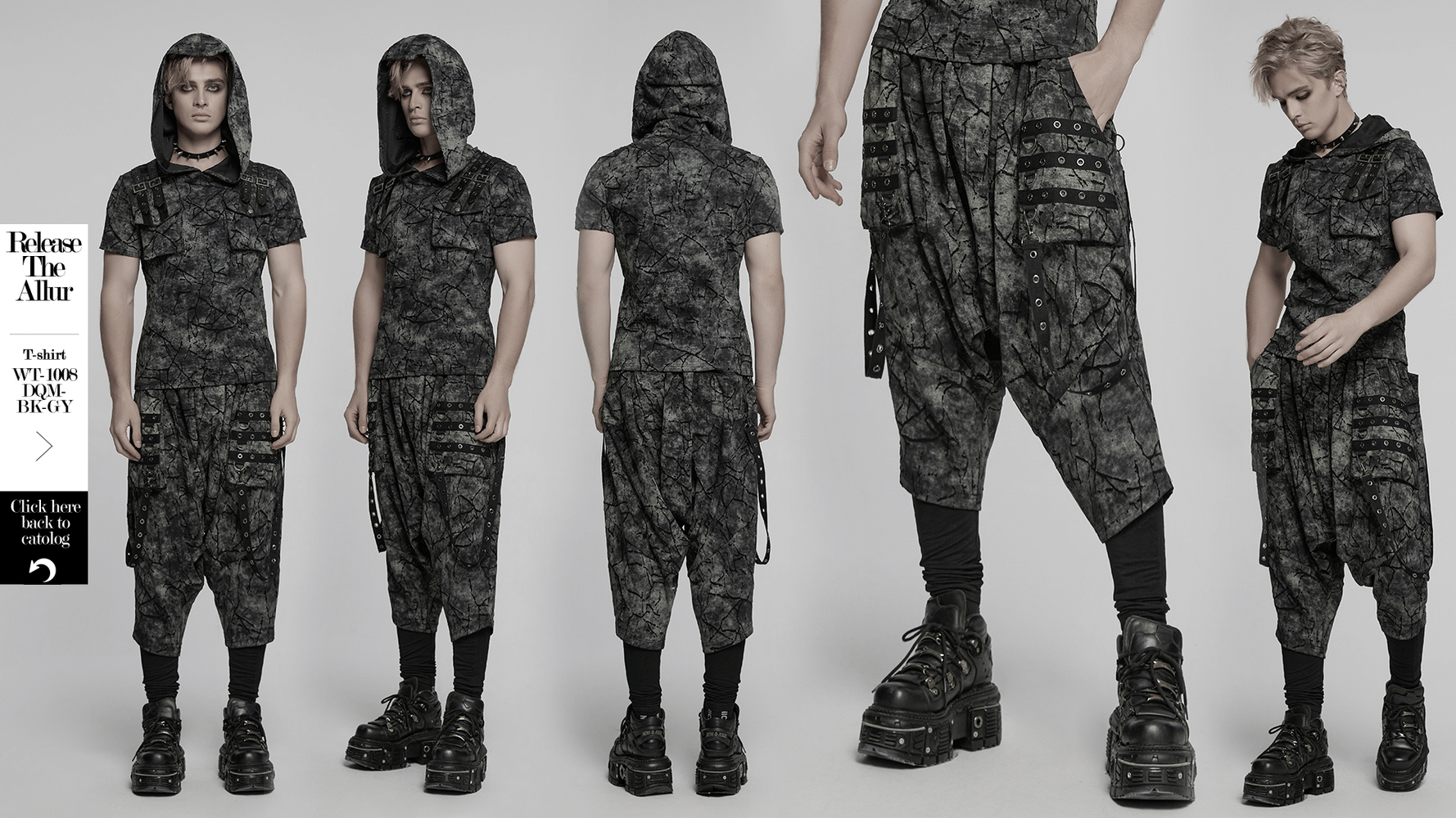 Black tie dye drop crotch pants with eyelet straps, perfect for stylish streetwear looks and edgy fashion statements.
