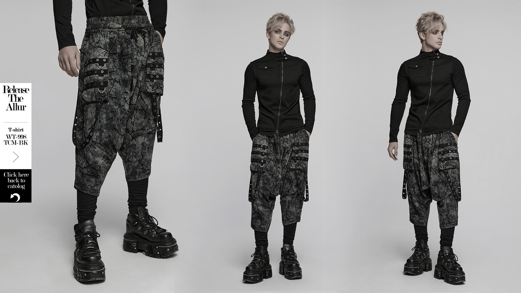 Black tie dye drop crotch pants featuring eyelet straps, styled with a sleek black top and chunky black shoes.