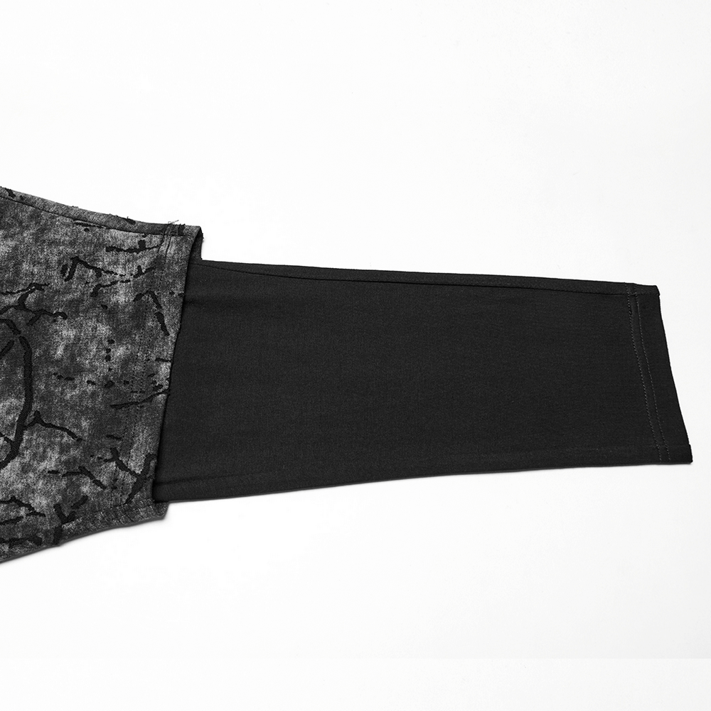 Black tie dye drop crotch pants showcasing eyelet straps and contrast leg design, perfect for edgy style.