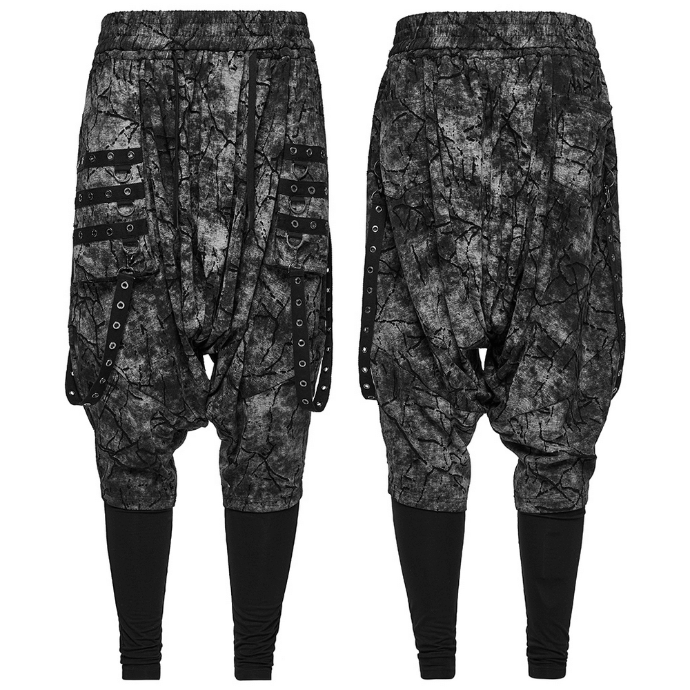 Black tie dye drop crotch pants featuring eyelet straps, perfect for a stylish, edgy look.