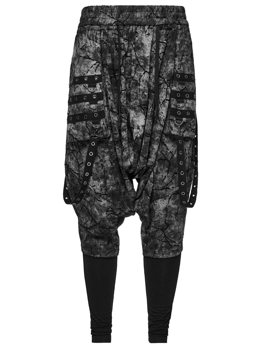 Trendy black tie dye drop crotch pants with eyelet straps and stylish pockets for a modern look.