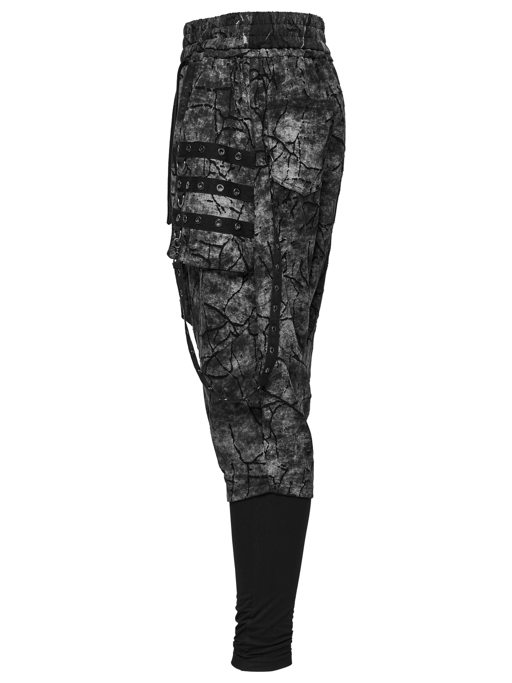 Black tie dye drop crotch pants with eyelet straps, featuring a stylish slouchy design and unique pattern.