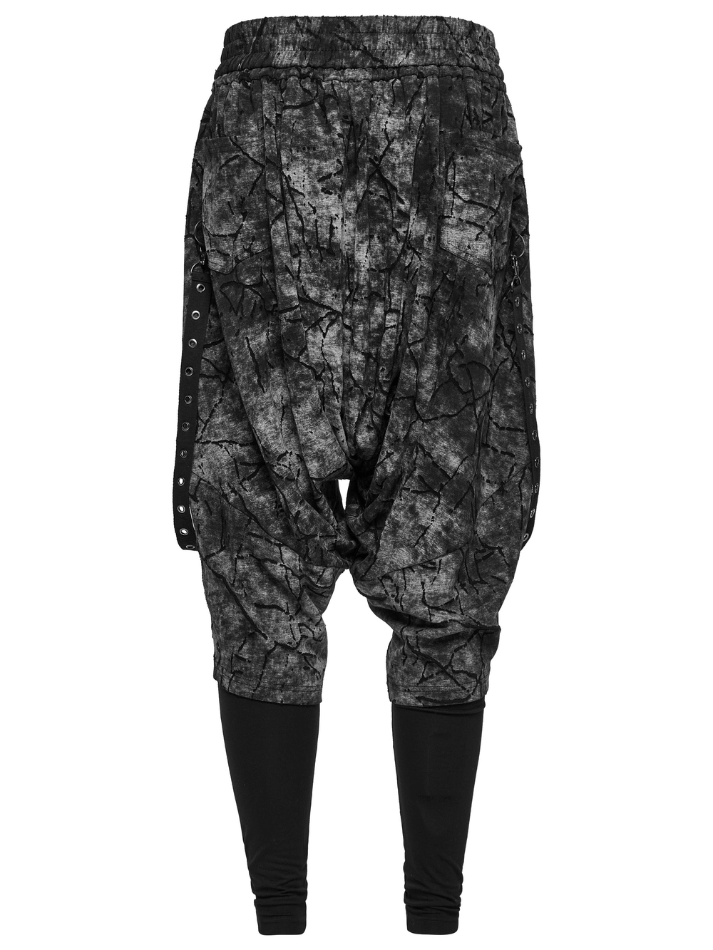 Black tie dye drop crotch pants featuring stylish eyelet straps, perfect for a trendy look.