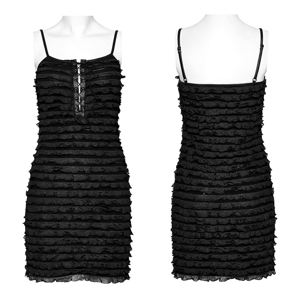 Black Tie-Dye Ruffled Mini Dress With Drawstring Design
