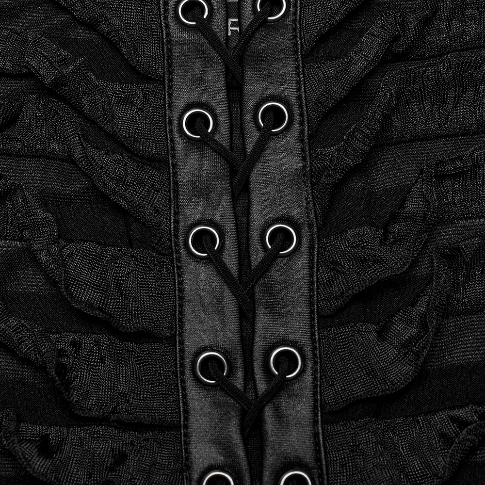 Close-up of black tie-dye ruffled mini dress detailing with adjustable drawstring design and chic ruffles.