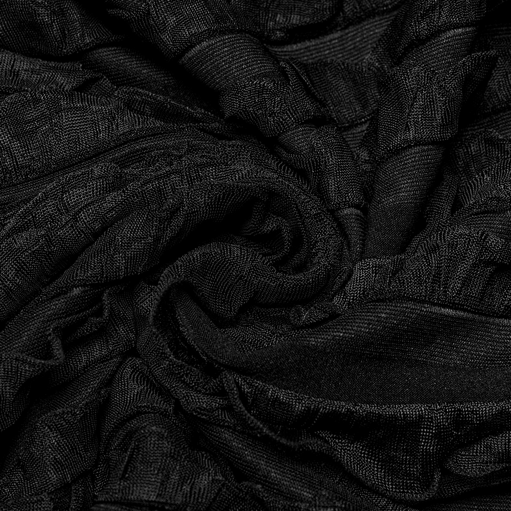 Close-up of textured black fabric showcasing ruffled detail, perfect for edgy fashion designs.