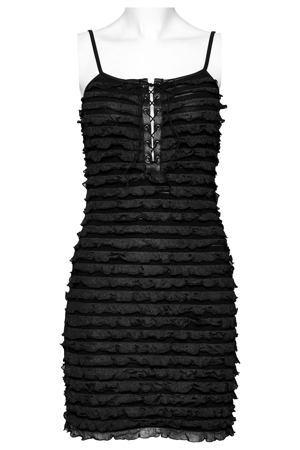 Black tie-dye ruffled mini dress featuring adjustable straps and drawstring closure for a versatile fit.