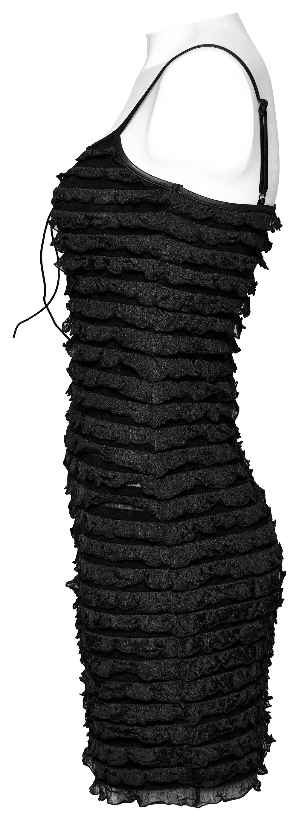 Side view of a black tie-dye ruffled mini dress with adjustable straps and drawstring design.