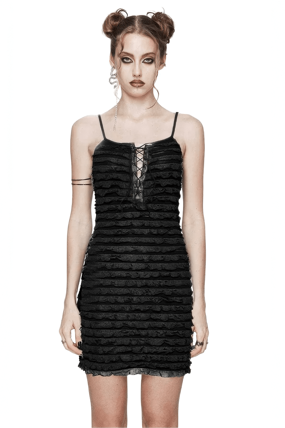Black tie-dye ruffled mini dress with adjustable straps and drawstring design, perfect for edgy style.