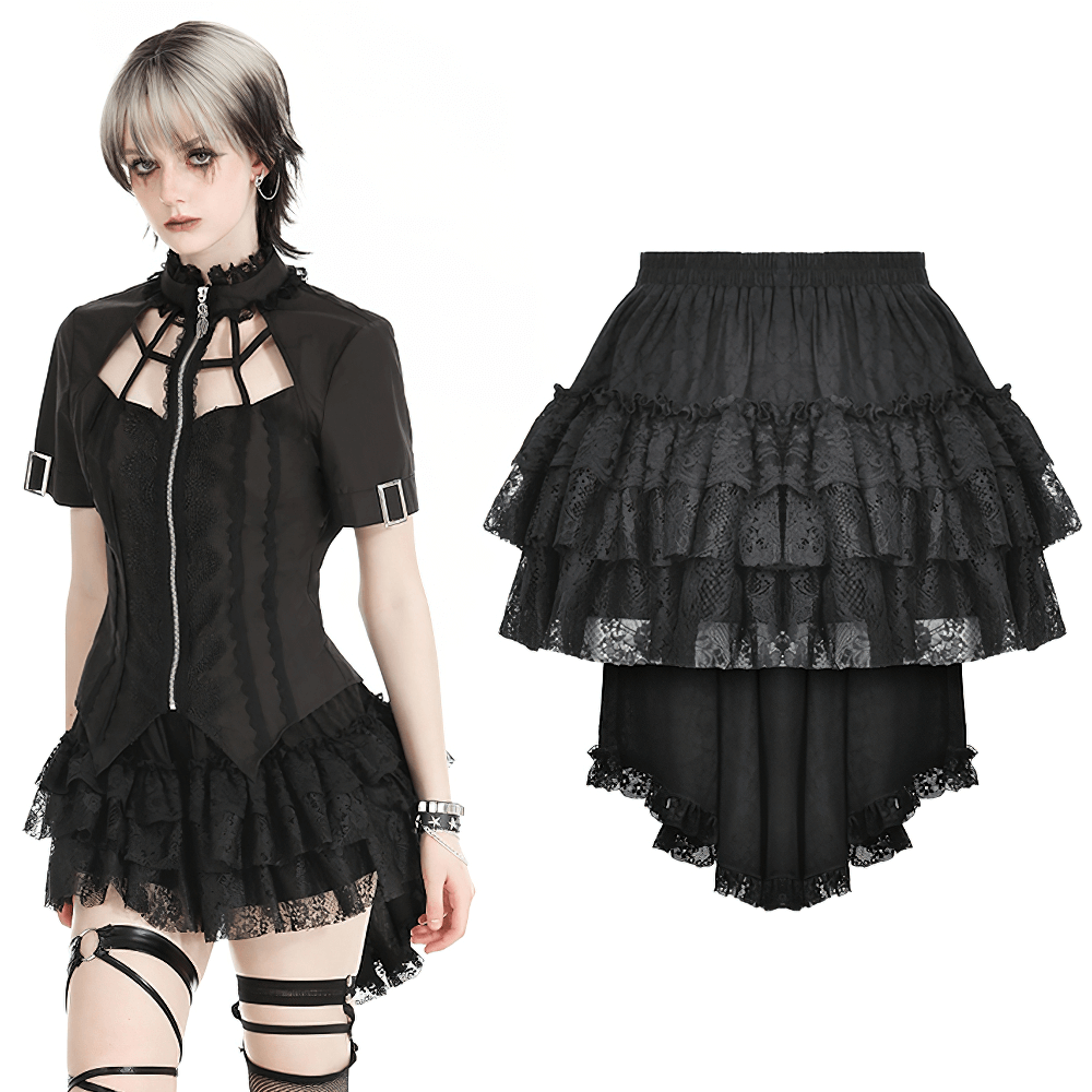 Stylish black tiered ruffle mini skirt with elastic waistband, perfect for trendy outfits and versatile styling.