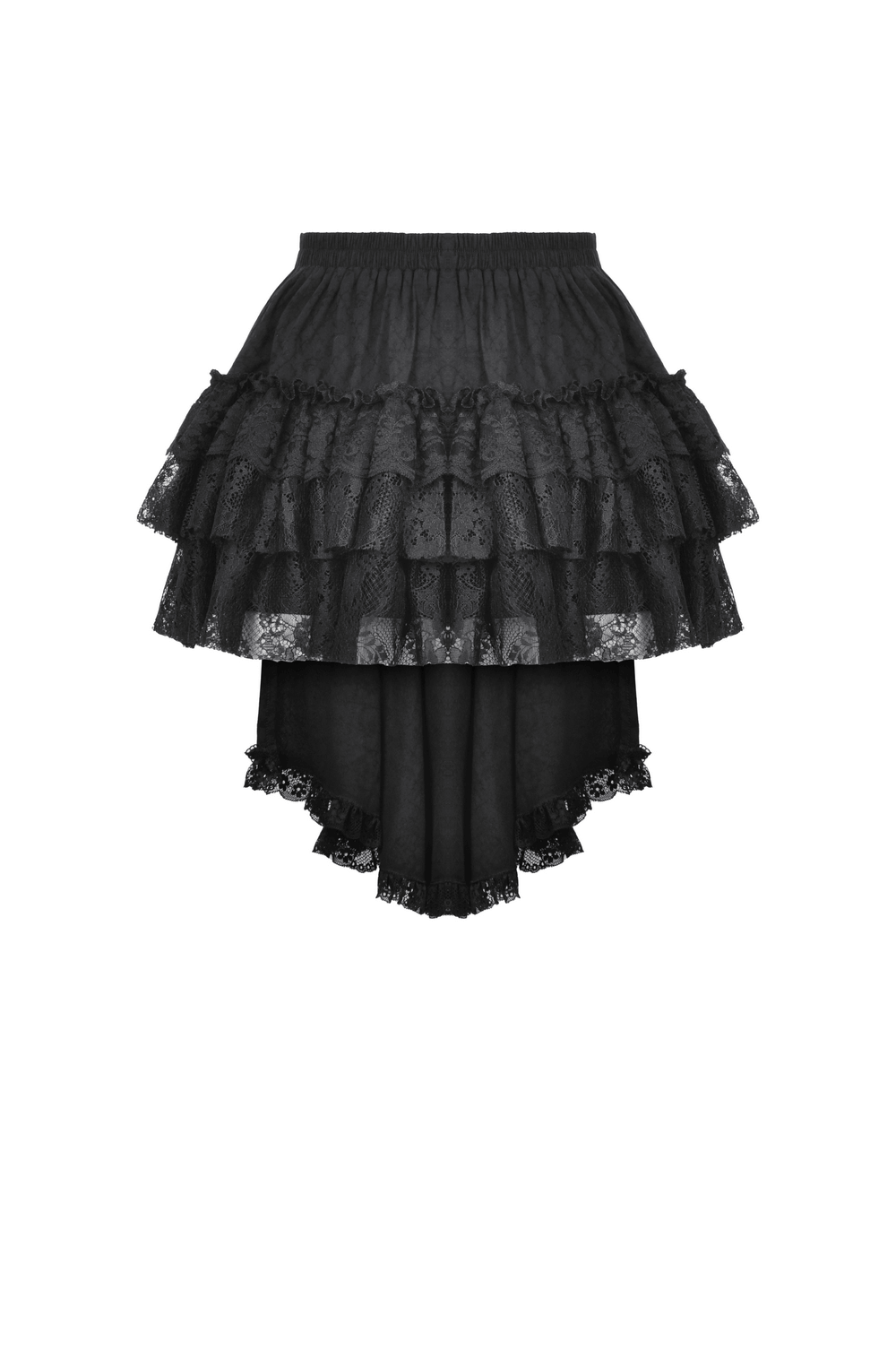 Black tiered ruffle mini skirt with elastic waistband, perfect for casual or elegant outfits.