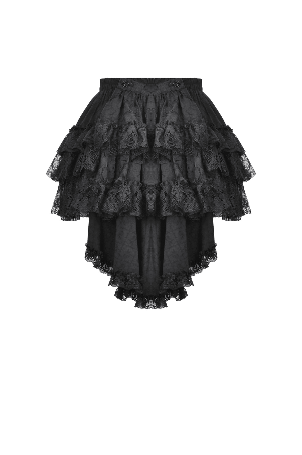 Black tiered ruffle mini skirt with elastic waistband, perfect for stylish outfits and versatile wear.