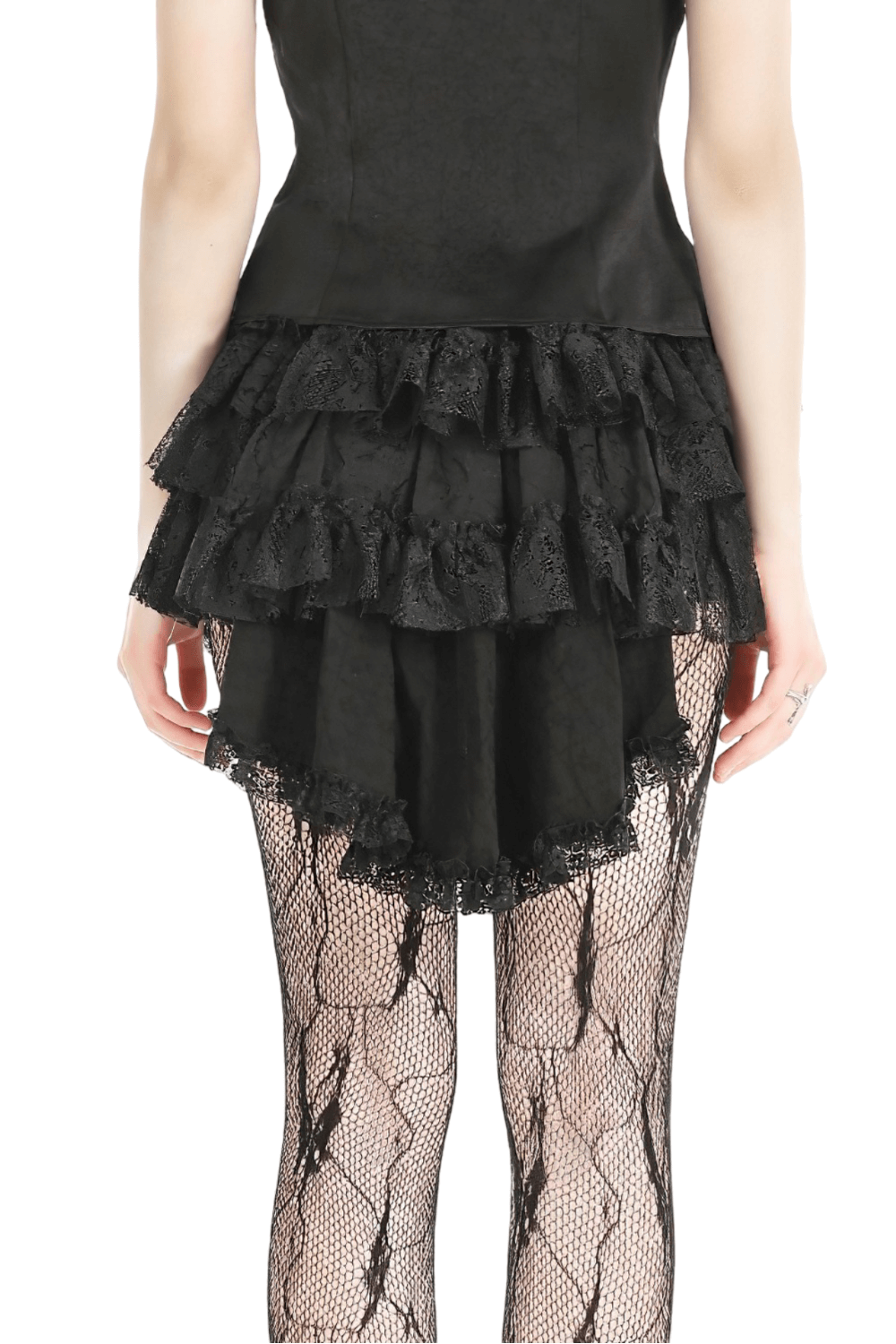 Back view of a stylish black tiered ruffle mini skirt with lace accents, paired with fishnet tights.