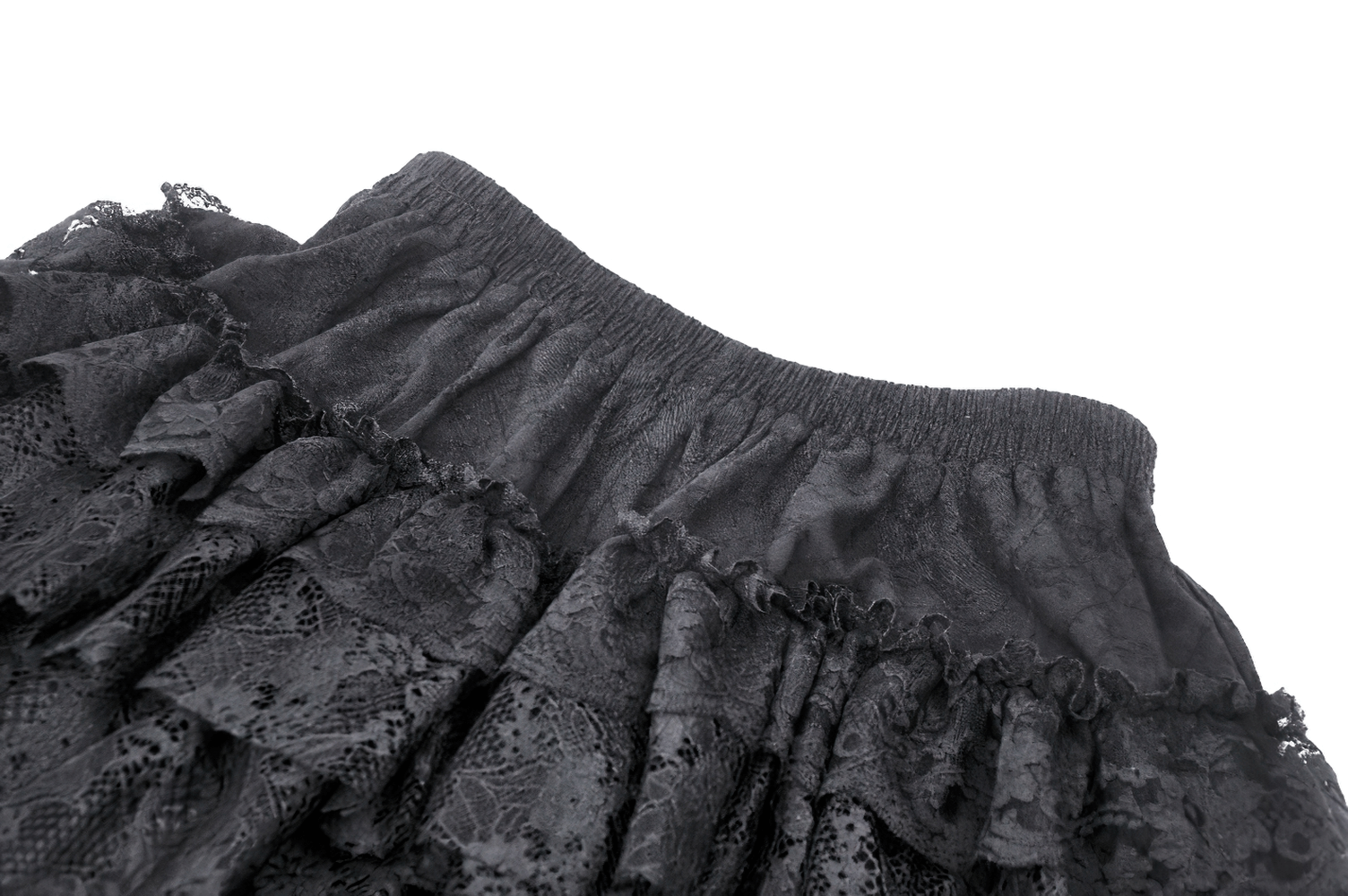 Close-up of black tiered ruffle skirt with elastic waistband, showcasing elegant cascading layers and textured fabric.