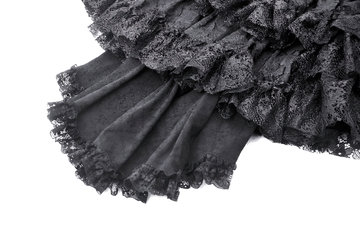 Close-up of black tiered ruffle skirt highlighting elegant layers and soft fabric texture. Perfect for stylish outfits.