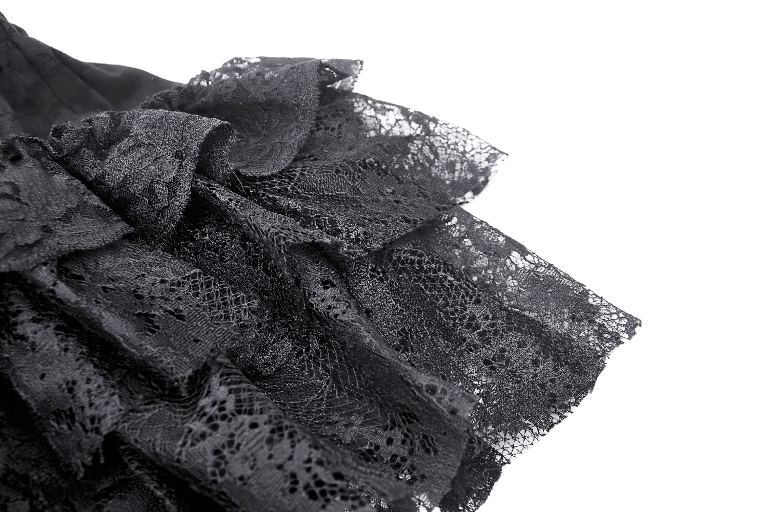 Close-up of black tiered ruffle fabric, showcasing delicate layers and texture for a stylish women's mini skirt.