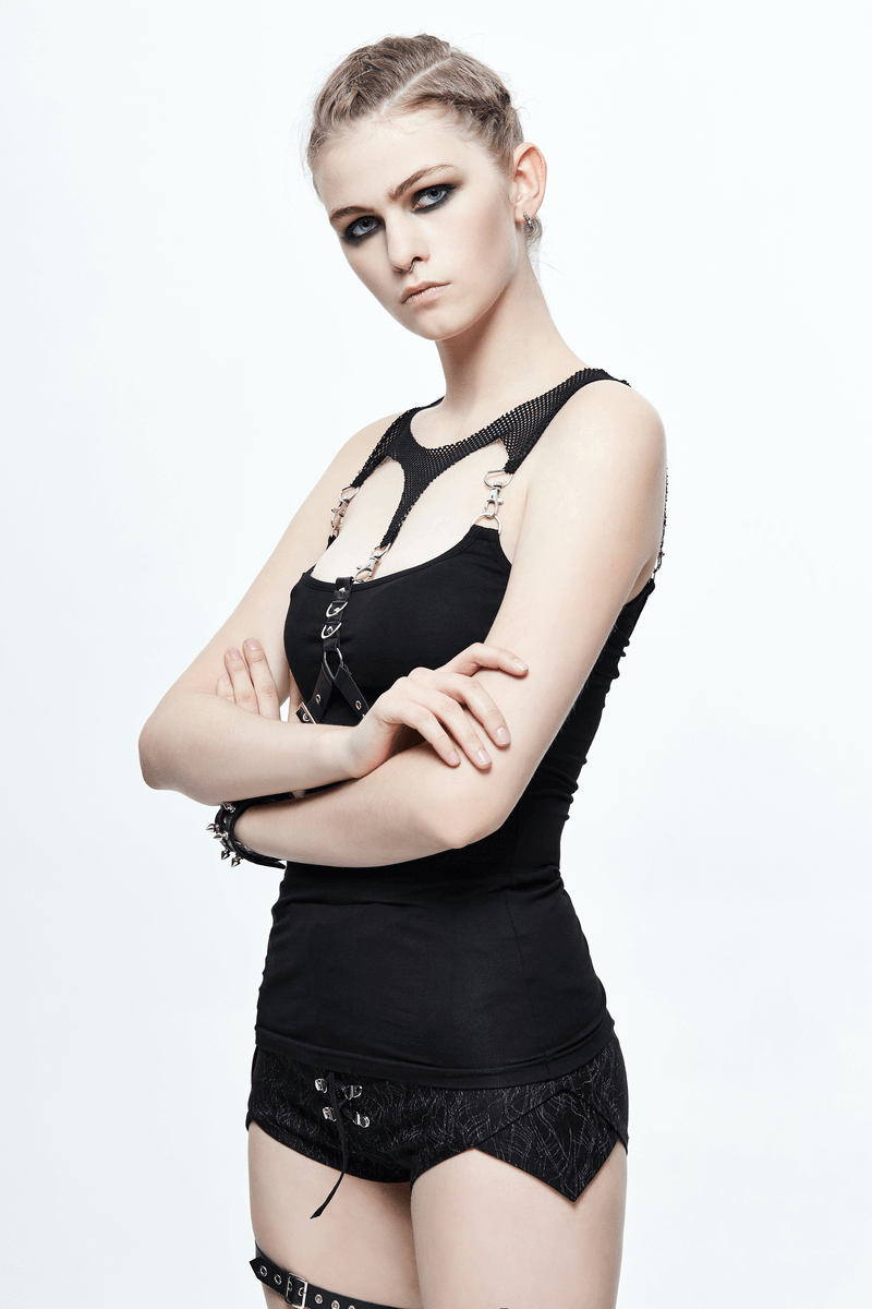 Black Top with Harness Design / Steampunk Sleeveless Slim-Fitting Top with Buckles - HARD'N'HEAVY