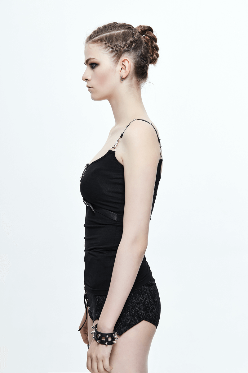 Black Top with Harness Design / Steampunk Sleeveless Slim-Fitting Top with Buckles - HARD'N'HEAVY