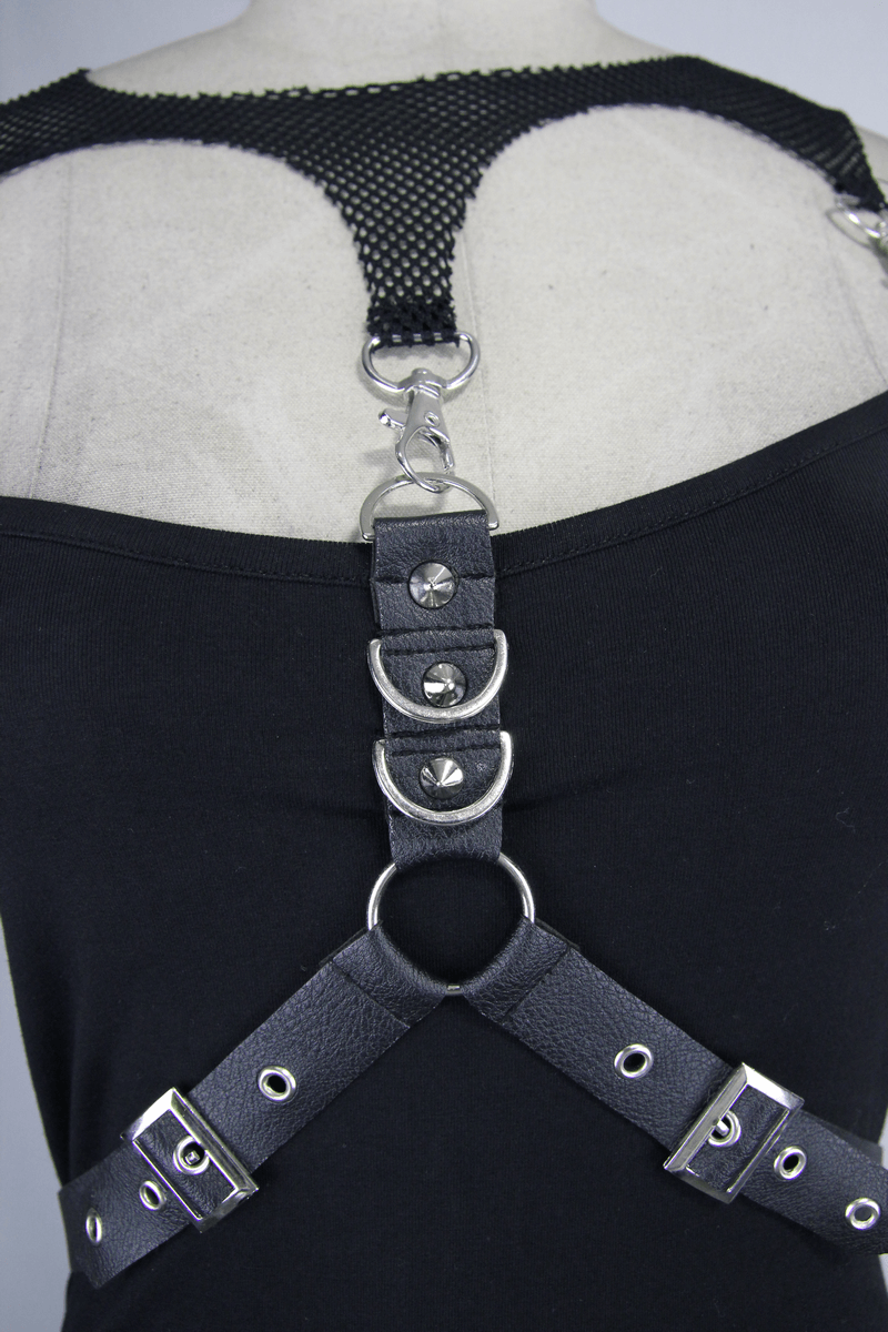 Black Top with Harness Design / Steampunk Sleeveless Slim-Fitting Top with Buckles - HARD'N'HEAVY
