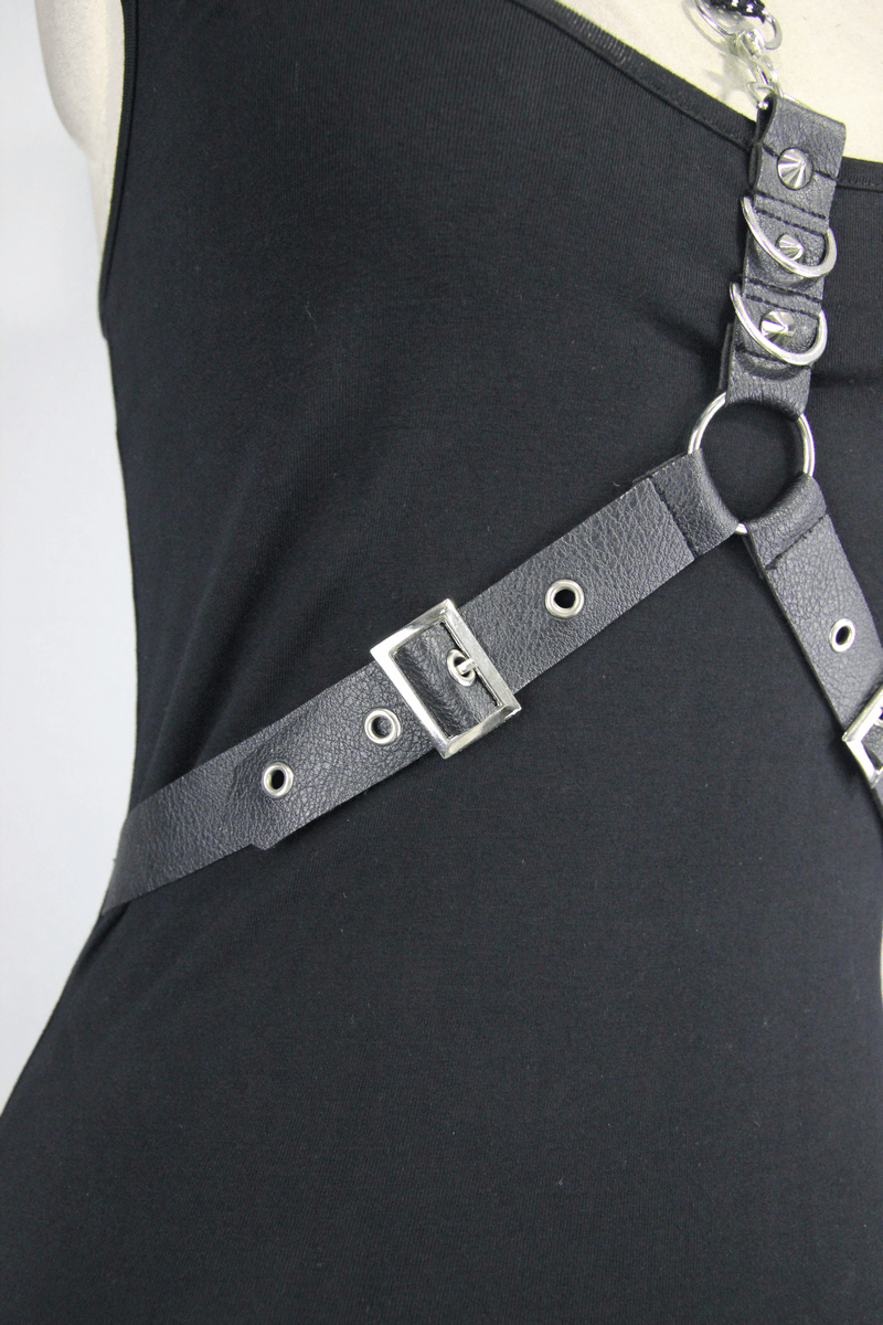 Black Top with Harness Design / Steampunk Sleeveless Slim-Fitting Top with Buckles - HARD'N'HEAVY