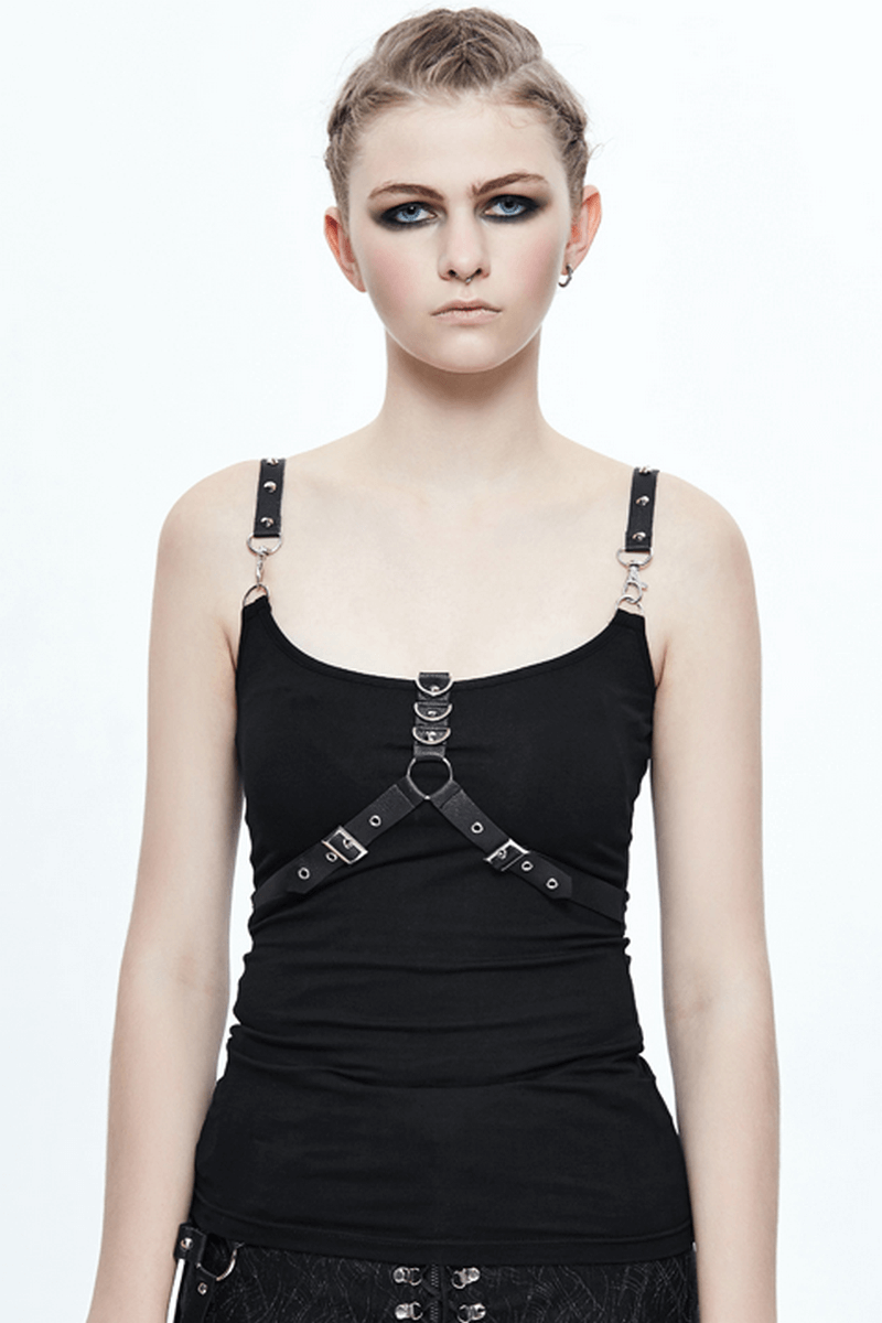 Black Top with Harness Design / Steampunk Sleeveless Slim-Fitting Top with Buckles - HARD'N'HEAVY