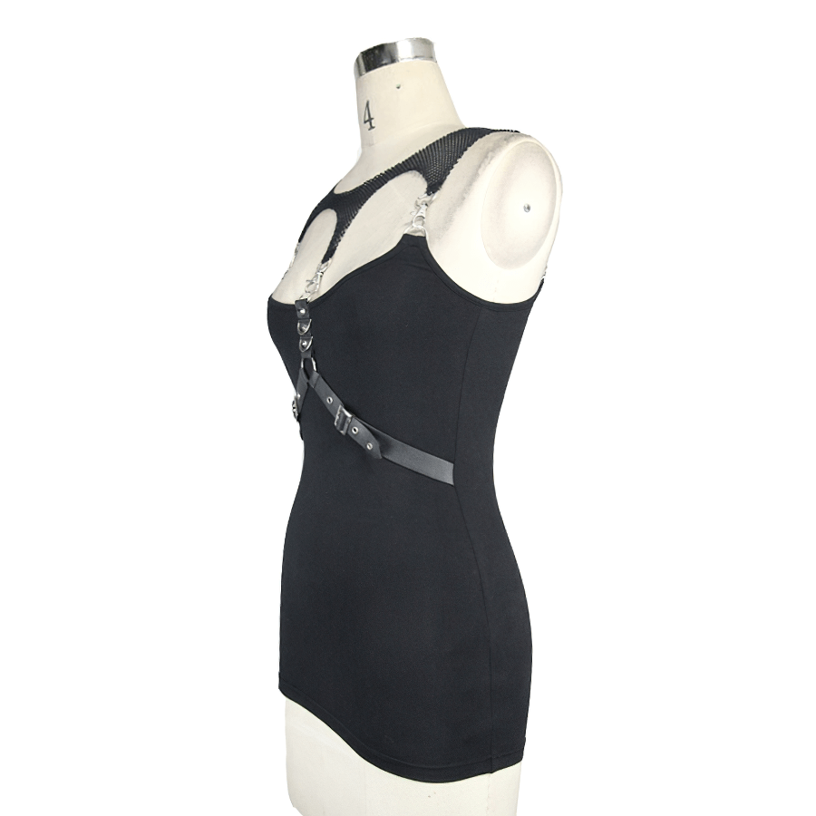Black Top with Harness Design / Steampunk Sleeveless Slim-Fitting Top with Buckles - HARD'N'HEAVY