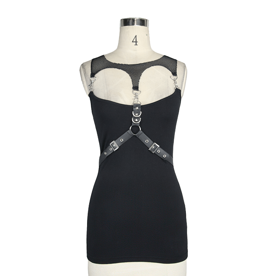 Black Top with Harness Design / Steampunk Sleeveless Slim-Fitting Top with Buckles - HARD'N'HEAVY