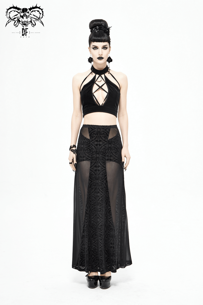 Stylish black transparent skirt with high waist, featuring a gothic design perfect for women's fashion.
