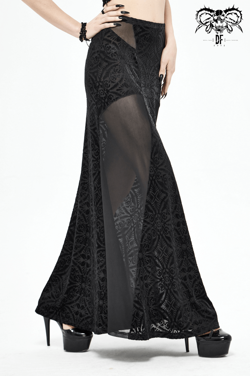 Black transparent high-waisted skirt for women with a sexy cross design, perfect for gothic fashion.