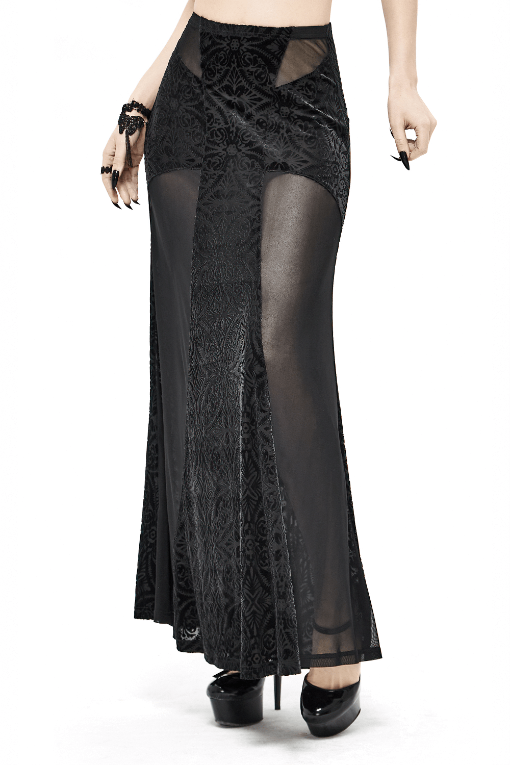 Black Transparent Skirt with High Waisted / Sexy Cross Long Skirt For Women - HARD'N'HEAVY