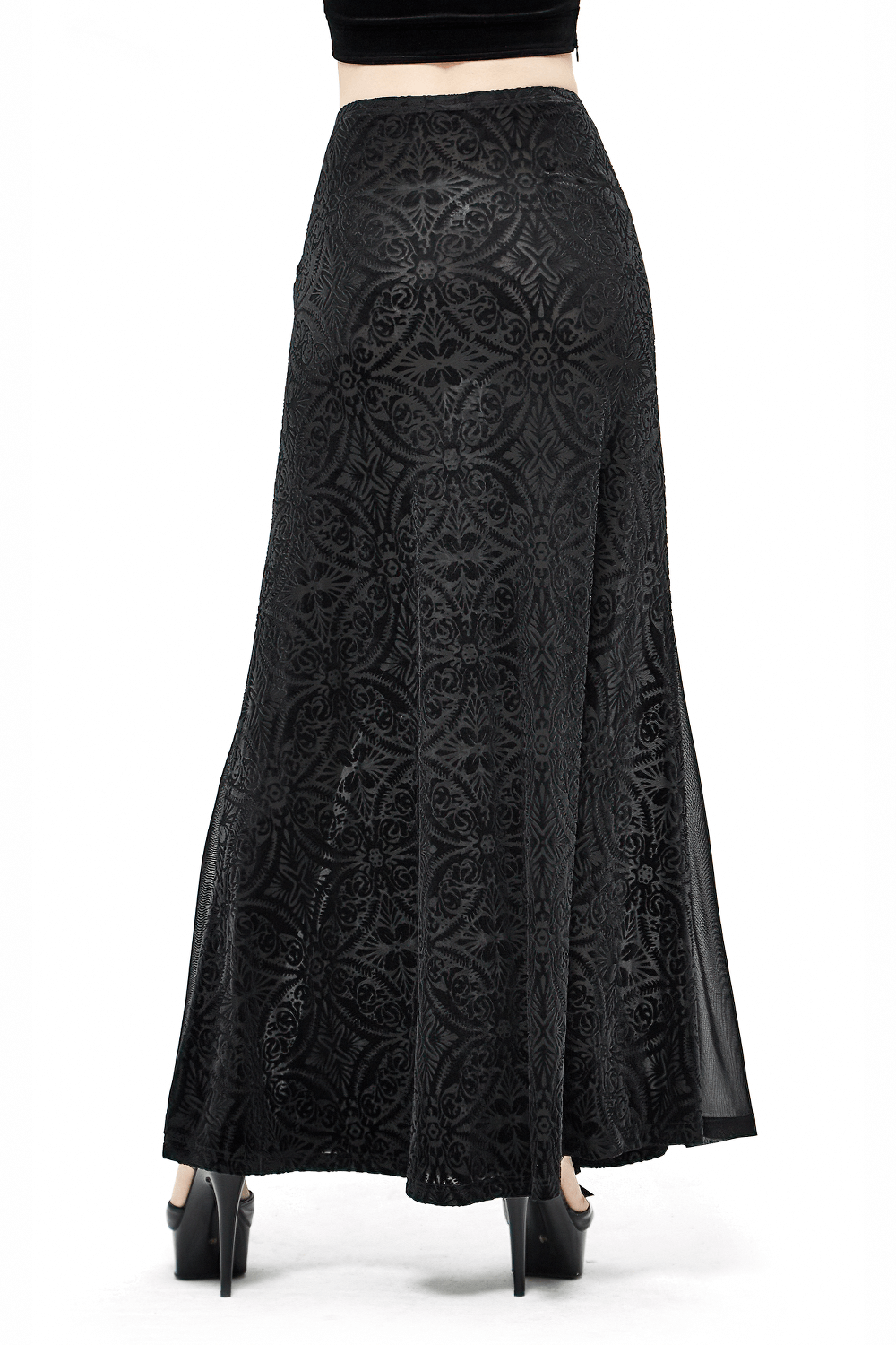 Black transparent long skirt with intricate patterns, high-waisted design, perfect for gothic fashion lovers.