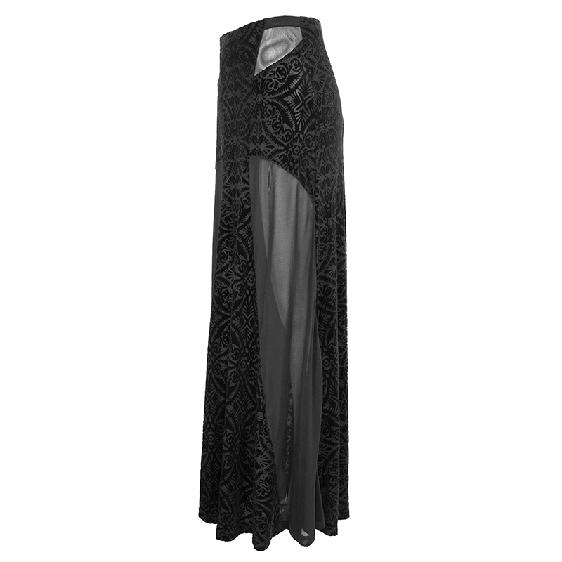High-waisted black transparent skirt for women in gothic style, featuring a long, sexy cross design and elegant fabric.