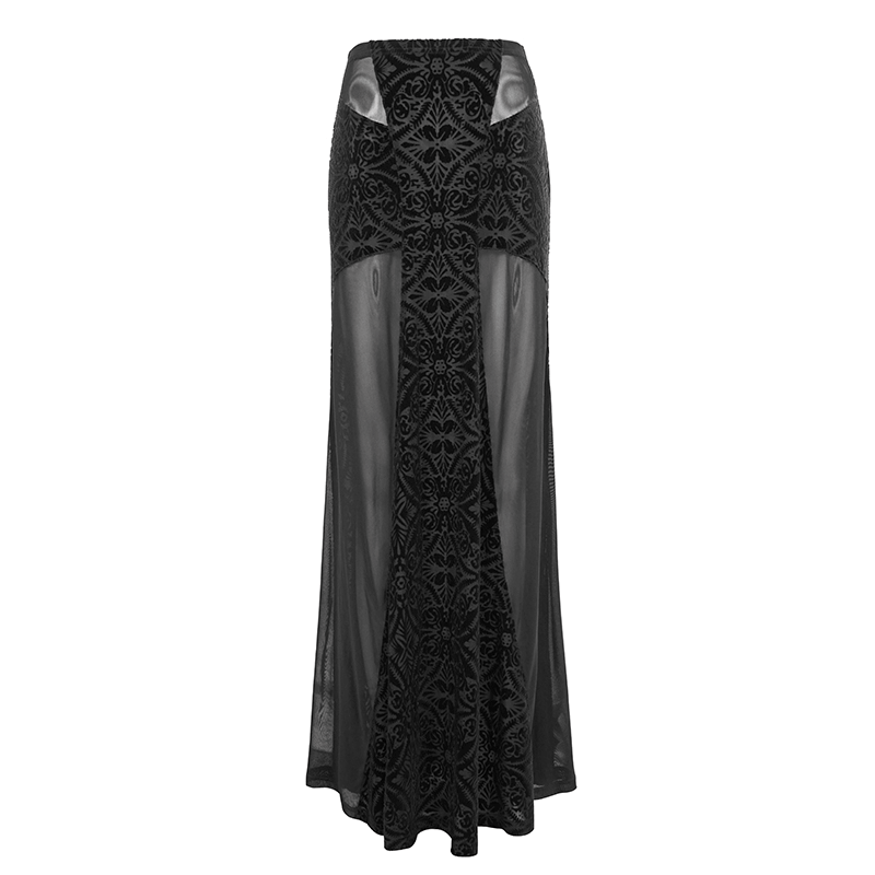 Black transparent high-waisted skirt for women, stylish gothic fashion with elegant design and flowing fabric.