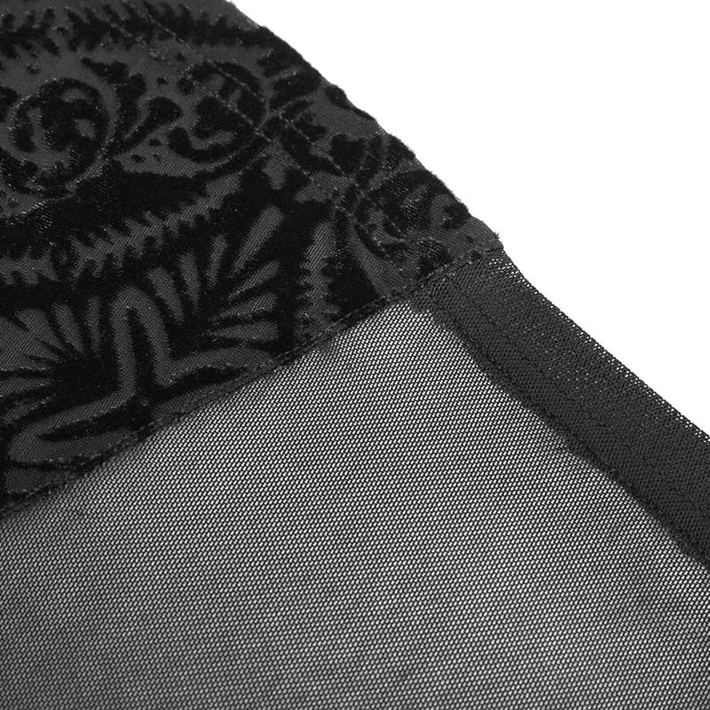 Close-up of black transparent fabric with floral texture, highlighting gothic style for women's fashion.