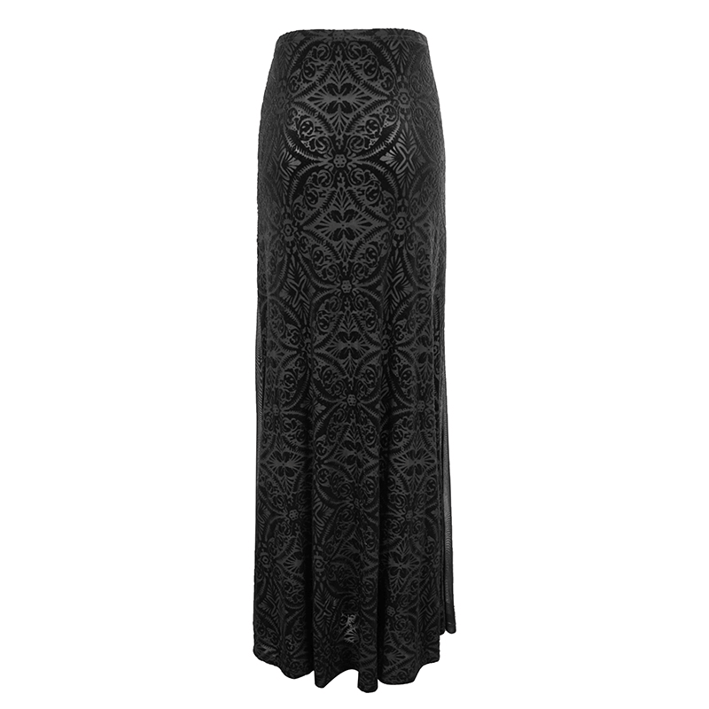 Black transparent long skirt with intricate gothic pattern, perfect for stylish women seeking a trendy high-waisted look.