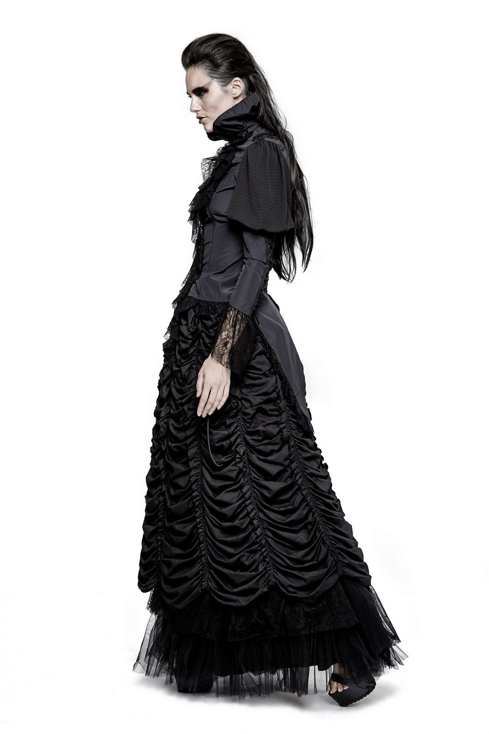 Gothic black tulle long skirt with lace details, a stunning crinoline for a dramatic wedding look.