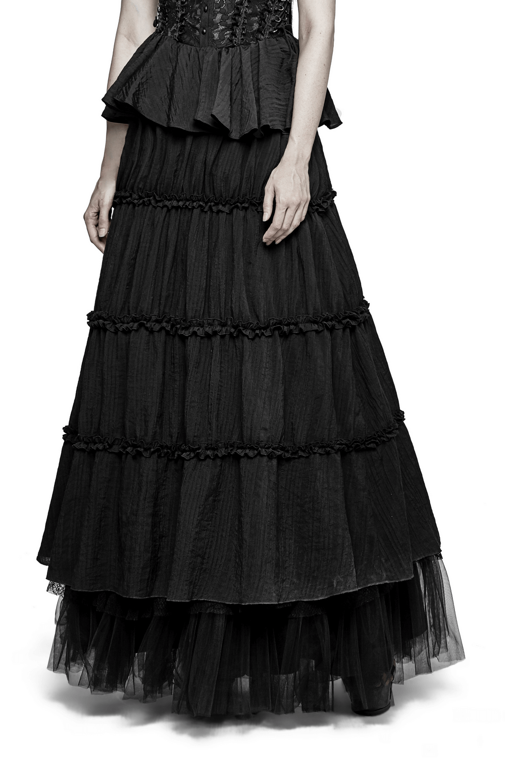 Elegant black tulle long skirt with lace details for women, perfect for gothic weddings or dramatic occasions.
