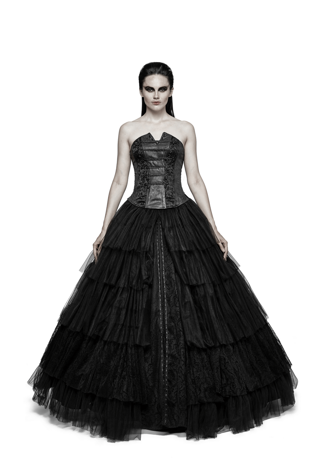 Black tulle long skirt gothic wedding dress with lace details, showcasing a dramatic layered design.