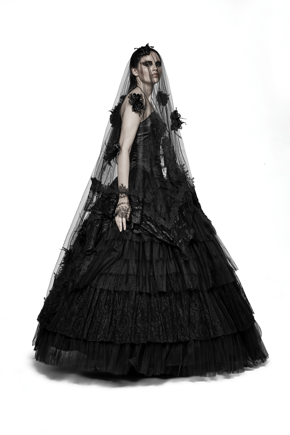 Falda Larga de Tul Negro con Detalles de Encaje para Mujer