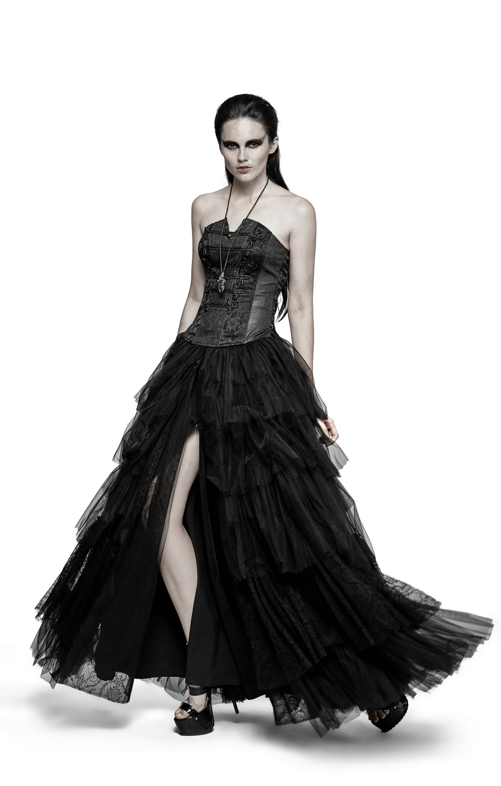 Gothic long black tulle skirt wedding dress with lace details and removable crinoline.